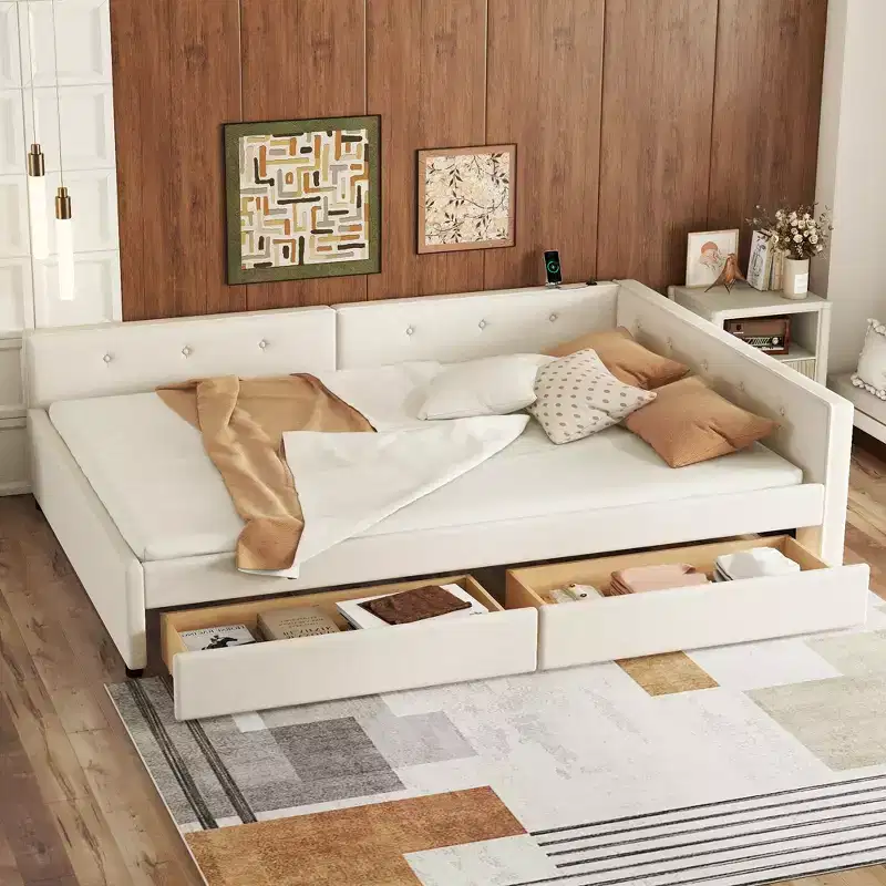 Upholstered Daybed with Storage Drawers, L Shaped Corner Sofa Bed Frame Floor Bed Frame with USB Charging for Teens Adults, Beige