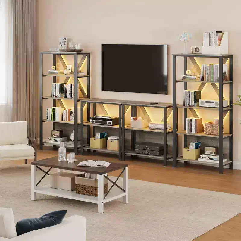 3/4/5 Tier Book Shelf with LED Lights, Industrial Metal Display Book Case, Heavy Duty Open Book Shelf Storage Organizer, for Bedroom Office