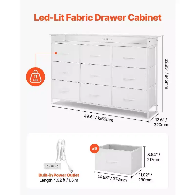 9-Drawer Fabric Dresser with LED Lights Built-In Outlet Metal Frame Tall Storage Tower White