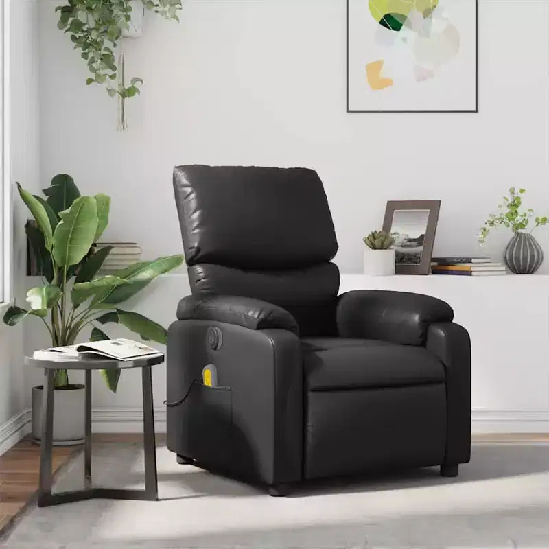 vidaXL Leather Massage Recliner Chair for Living Room, Home Theater, 6-Point Vibration Massage, Adjustable Back & Footrest, Side Pocket, Black