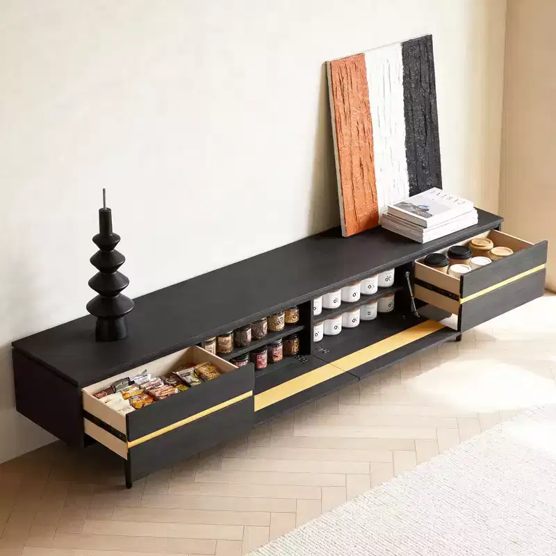 86.61 Modern Black TV Stand for 90 Inch TV Media Console with 2 Drawers Gold Accents Entertainment Center Gaoyangjiaju