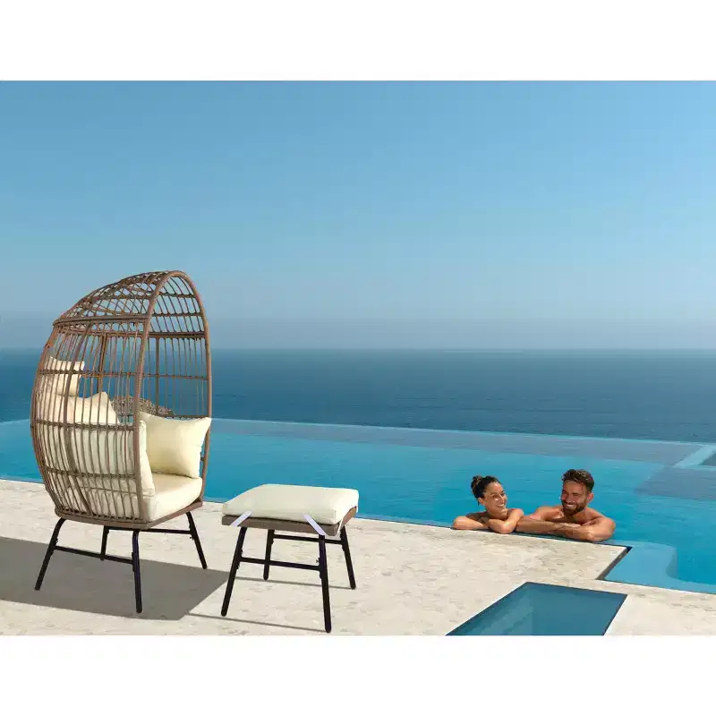 Outdoor Patio Wicker Egg Chair with Footstool 4W, Gray Blue/Beige -ModernLuxe