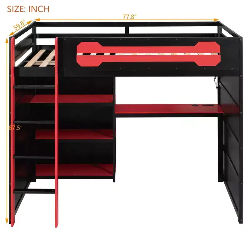 Full Size Gaming Loft Bed with Storage Shelves, Desk and Light