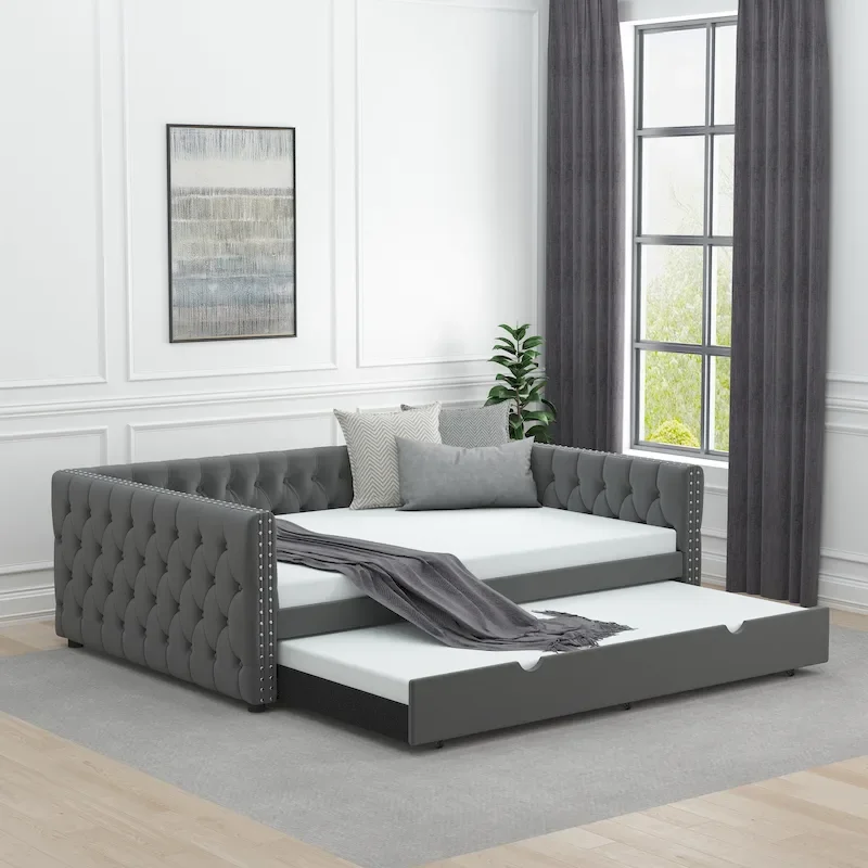 Full Size Velvet Upholstered Daybed with Trundle – Grey