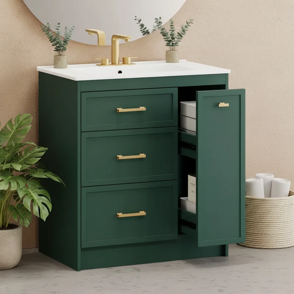 Freestanding Bathroom Vanity with Single Sink & 3 Drawers – Green