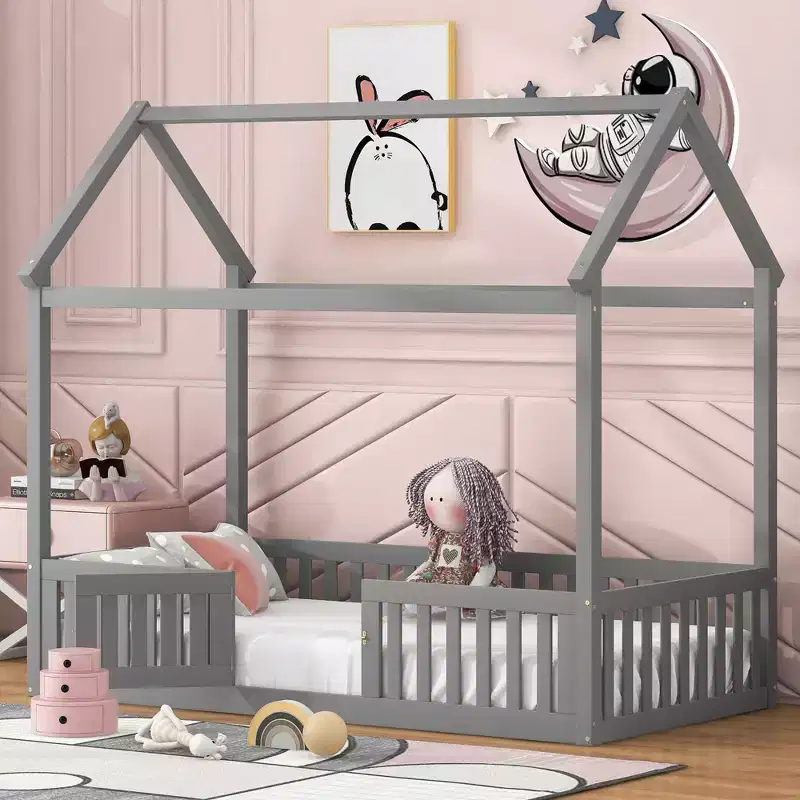 Twin/Full Size Wood House Bed with Fence & Door for Kids, Pine Wood, No Box Spring Needed