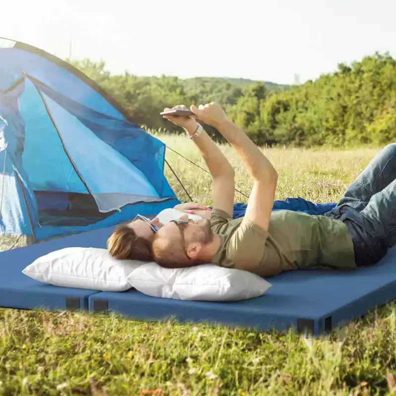 Costway Memory Foam Camping Mattress with Anti-slip Bottom Travel Bag for Outdoor Sleeping Gray/Blue