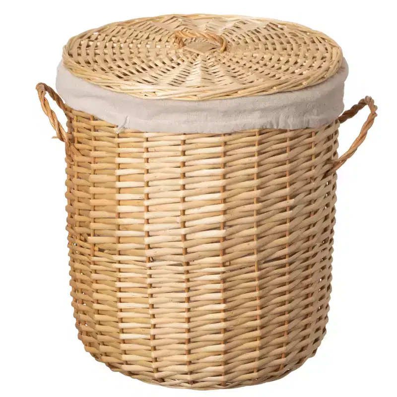 Round Willow Wicker Laundry Basket with Lid Side Handles & Removable Fabric Liner Natural Decorative Storage Hamper