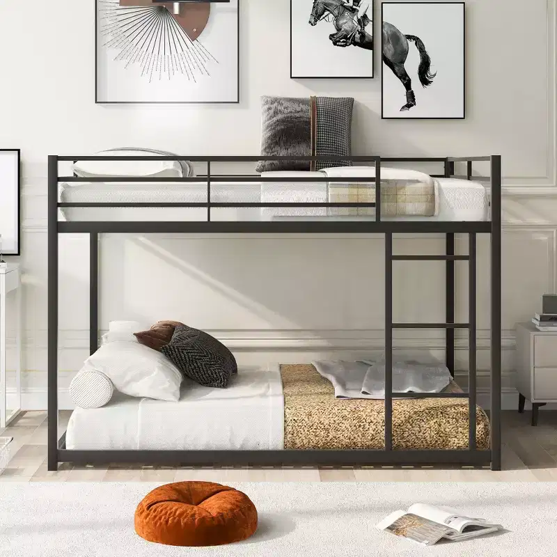 Okak 77.1IN Full-Over-Full Size Metal Floor Bunk Bed, Twin Bed with Ladder and Safety Guardrail, Kids Bunk Beds for Bedroom, Dormitory, Black