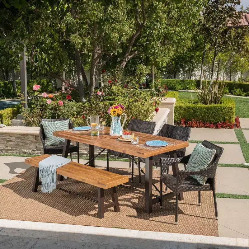 GDFStudio Mahalo Outdoor Wicker and Acacia Wood 6 Piece Dining Set with Bench