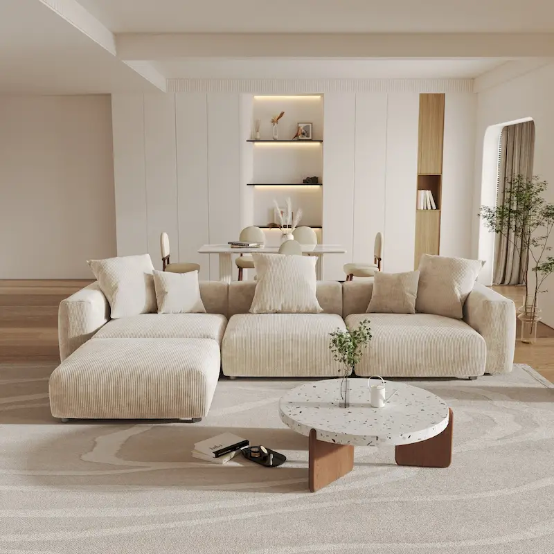 141.73  Corduroy Large Reversible Modular Sectional Sofa L-Shape Couch with Otoman and Pillow