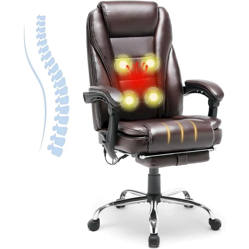 Ergonomic Heated Executive Office Chair, 2/4/6-Point Massage, Retractable Footrest, PU Leather