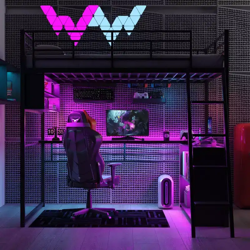 Full Size Metal Loft Bed with LED Lights, Desk & 4 Storage Shelves