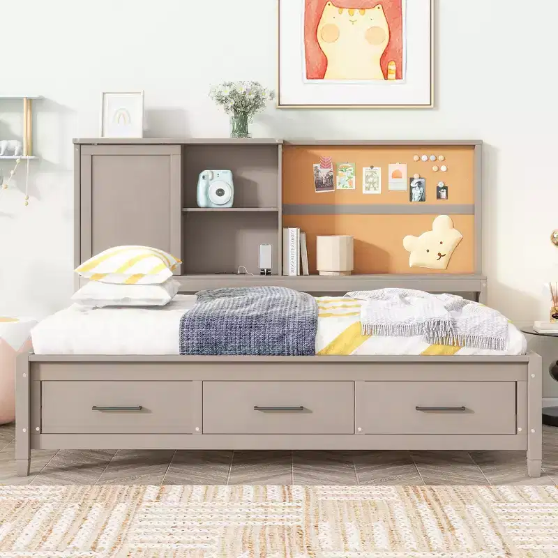 Twin Size Daybed with Storage Shelves, Cork Board, USB Ports and 3 Drawers - ModernLuxe