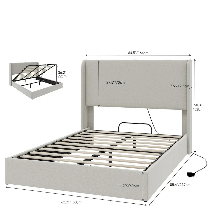 Hydraulic Lift Storage Bed Frame with USB/Type-C Ports – 1100 lbs
