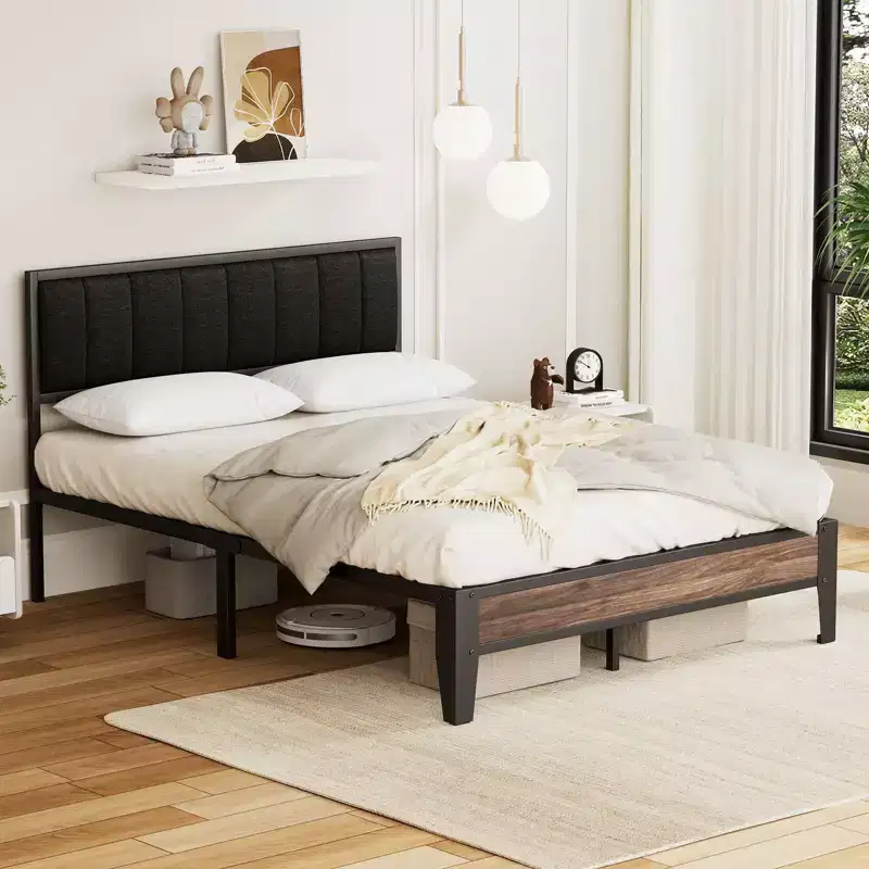 Lusimo Full Metal Platform Bed Frame with Fabric Upholstered Headboard Easy Assembly