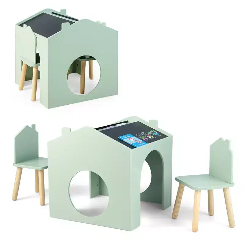 Costway 3 Piece Kids Wooden Table and Chair Set with Blackboard for Drawing Reading Green/Gray/White