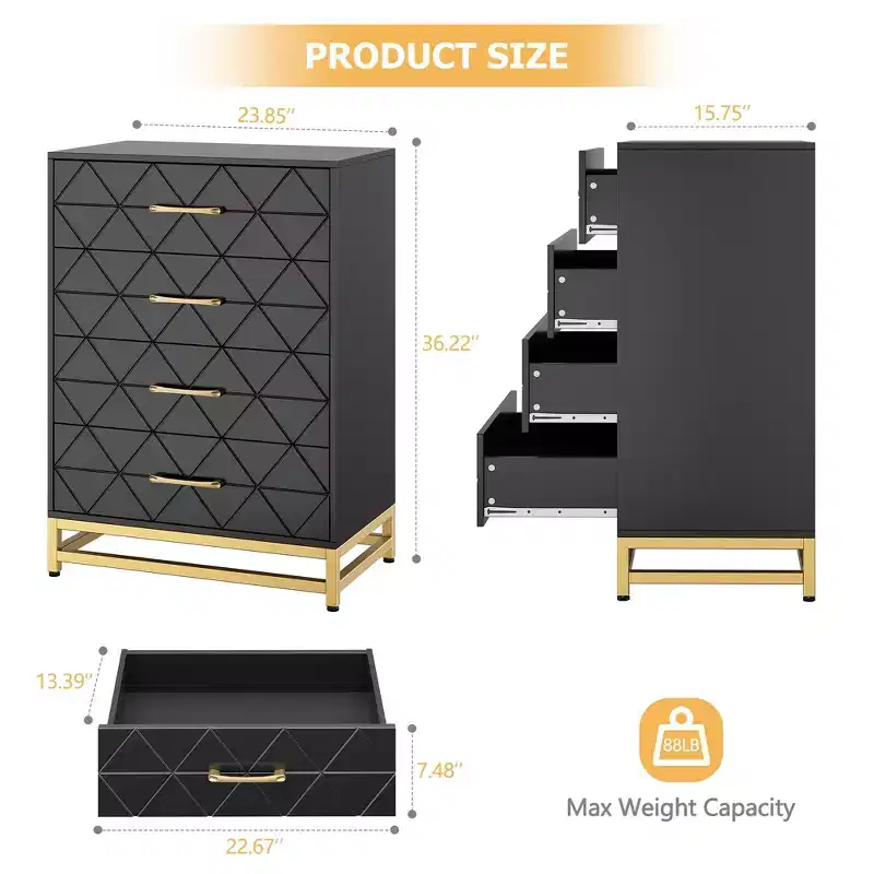 White Dresser for Bedroom, 4 Drawer Dresser with Golden Handles, Wooden Storage Cabinet for Living Room, Hallway, Nursery