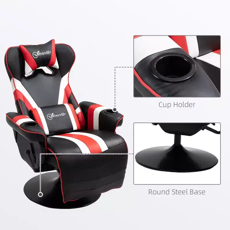 90-130° Recliner Gaming Chair with Swivel Base, Cup Holder, Head & Lumbar Pillow, Footrest