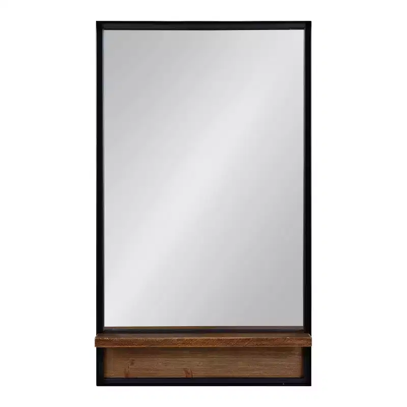 Rectangle Wall Mirror with Wood Shelf, Rustic Brown & Black Metal Frame, 20