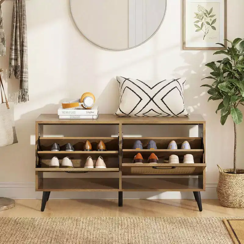 Rattan Shoe Storage Cabinet with 2 Flip Drawers Adjustable Shelves Solid Metal Legs Natural