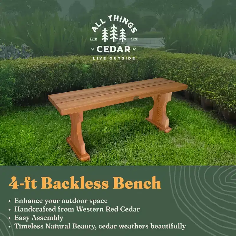 All Things Cedar 45 Inch Cedar Wooden Backless Bench, Indoor Outdoor Seating with Portable Design for Patio or Bathroom Shower, Natural