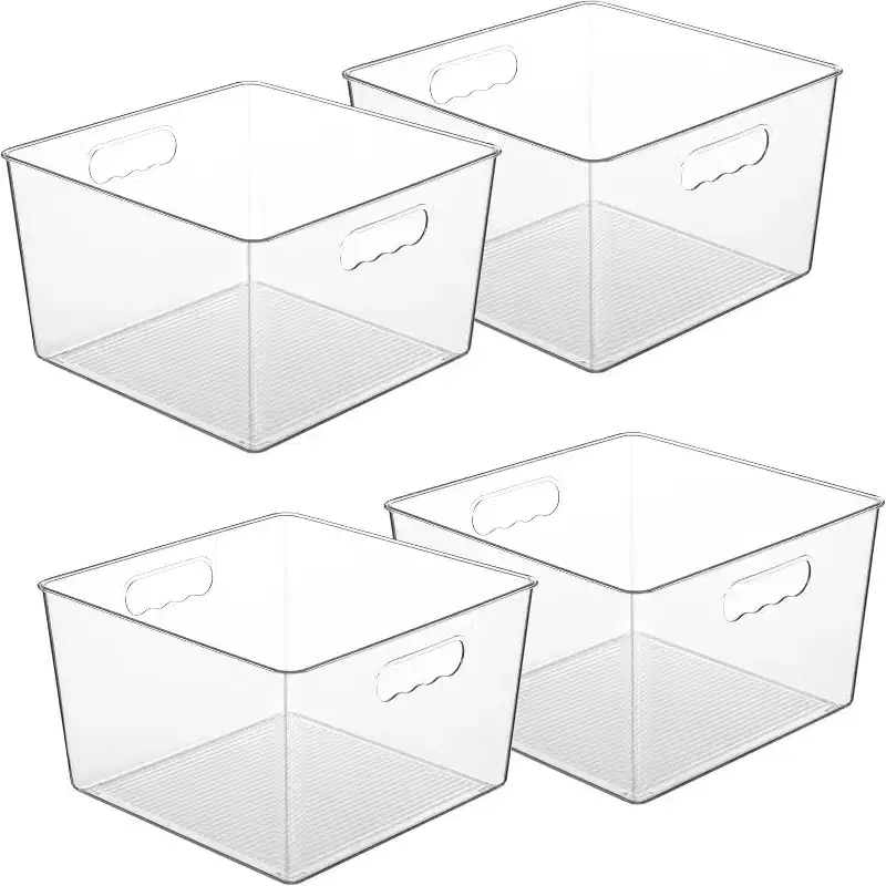 4 Pack 11x11 Cube Acrylic Extra Large Clear Plastic Storage Bins, for Pantry, Closet, Laundry Room, Kitchen, Bathroom, Under Sink Organization