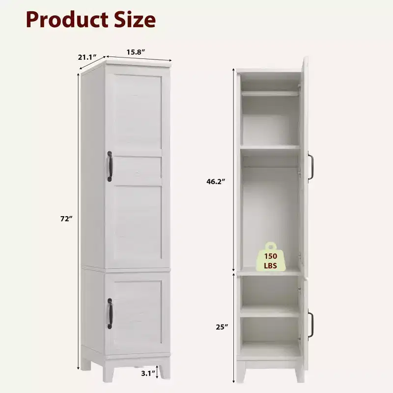 Coolmee Armoire Wardrobe Closet with 2 Doors, 72 Wooden Wardrobe Cabinet with Hanging Rod, Narrow Tall Clothing Armoire Cabinet for Bedroom