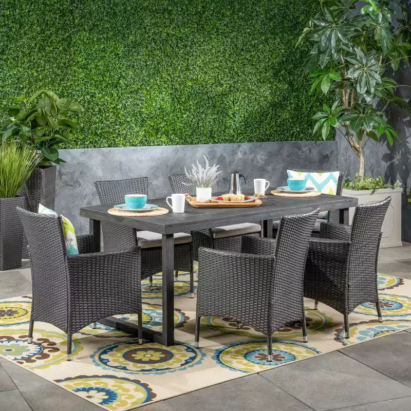 Christopher Knight Home Moralis Outdoor Acacia Wood and Wicker 7 Piece Dining Set with Cushion
