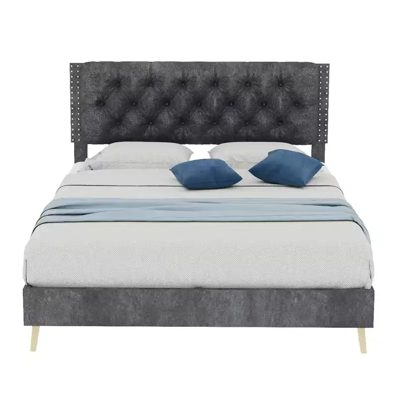 GDFStudio Ruskin Modern Wood and Velvet Upholstered Bed with Tufted Headboard