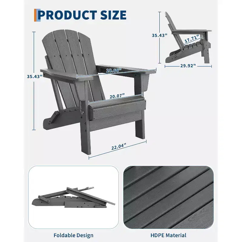 Folding Adirondack Chair - HDPE Outdoor All-Weather Fire Pit Chairs, Ergonomic Extended Backrest for Patio, Garden Pool, Backyard