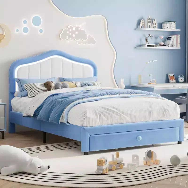 Upholstered Twin Bed Frame with Storage Drawer for Kids, Girls, Boys, No Box Spring Needed