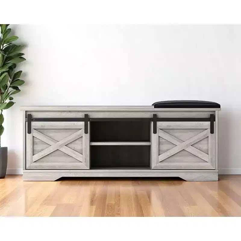 HomeRoots 47 Gray And Black Wood And Faux Leather Storage Bench with Shelves