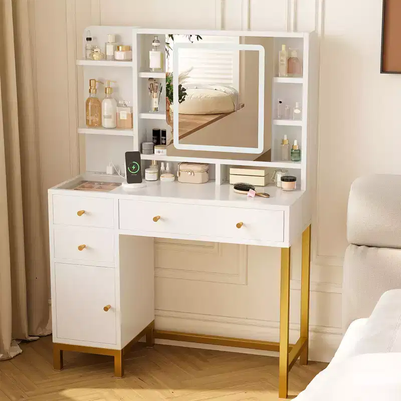 Makeup Table, Vanity Desk Dressing Table with LED Lighted Mirror & Power Outlet, 3 Lighting Modes