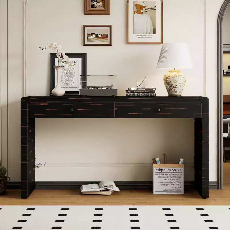 Wooden Entryway Table with 2 Drawers, Farmhouse Rustic Console Table with Storage