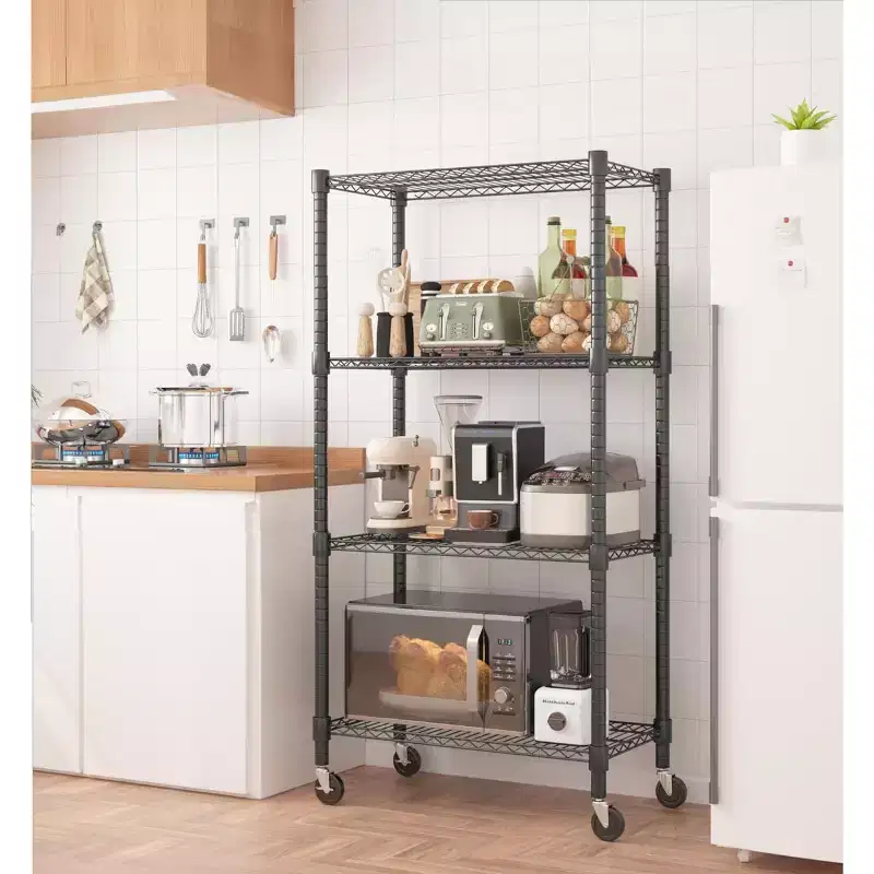 30W x 14D x 72H Wire Shelving Unit 1200LBS Capacity, 4-Tier Metal Storage Shelves with Wheels, Heavy Duty Adjustable Rack, Black