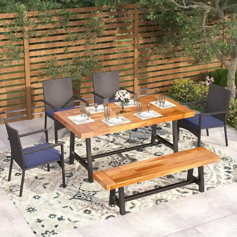 MAISON ARTS 6-Piece Acacia Wood/Rattan Cushioned Patio Dining Set