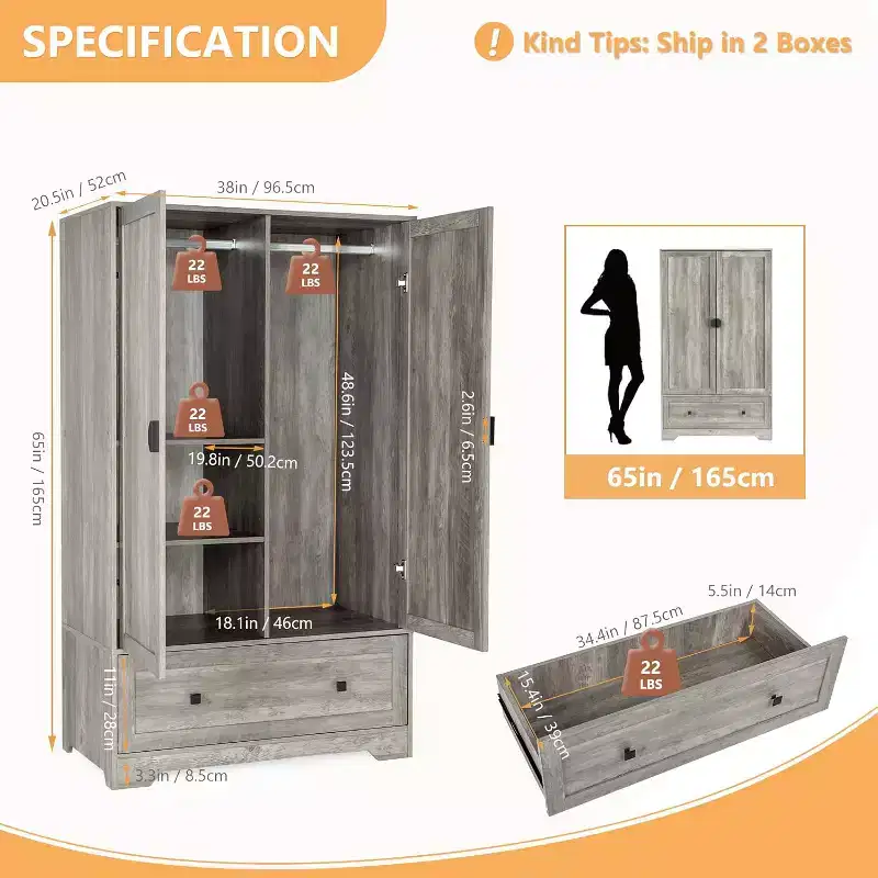 Wide Armoire Wardrobe Closet with Hanging Rod, Adjustable Shelves and Drawer, Freestanding