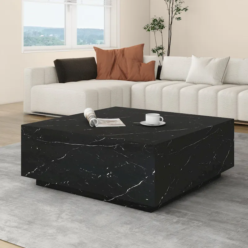 Square Faux Marble Coffee Table with MDF Frame – White / Black, 1-Unit