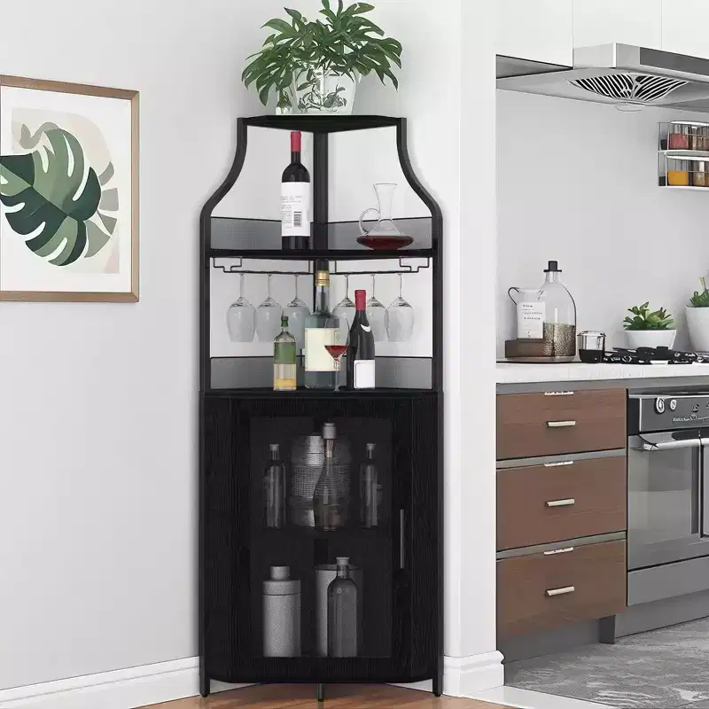 Wine Cabinet, Corner Farmhouse Wine Bar with Removable Rack & Glass Holder, Compact Liquor Coffee Storage Unit with Mesh Door