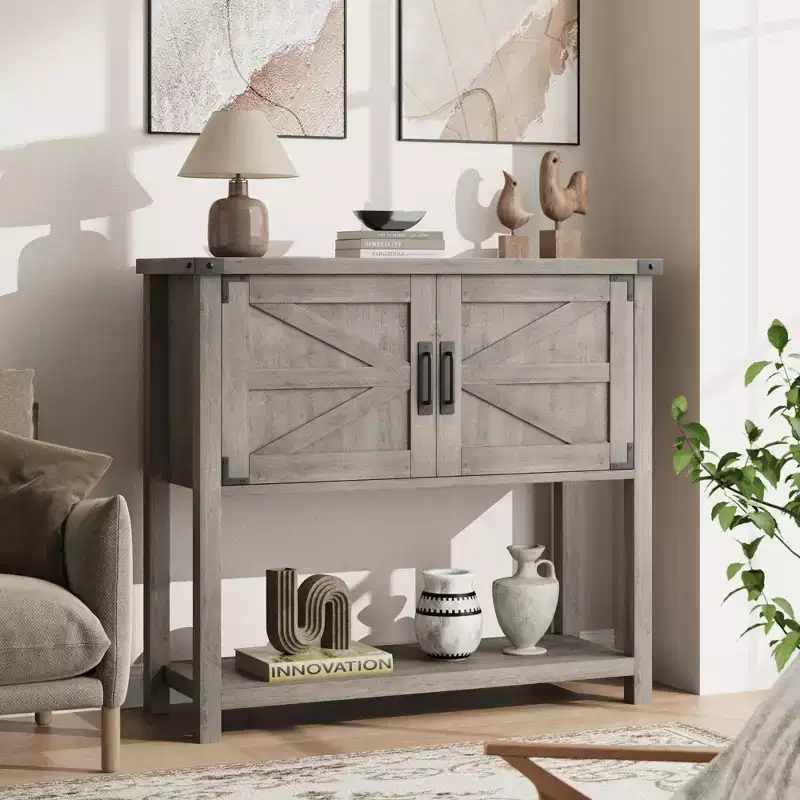 Farmhouse Console Table with 2-Door and 2 Drawers, Buffet Cabinet Wood Coffee Bar Cabinet for Kitchen, Dining Room, Living Room, Entryway (White)