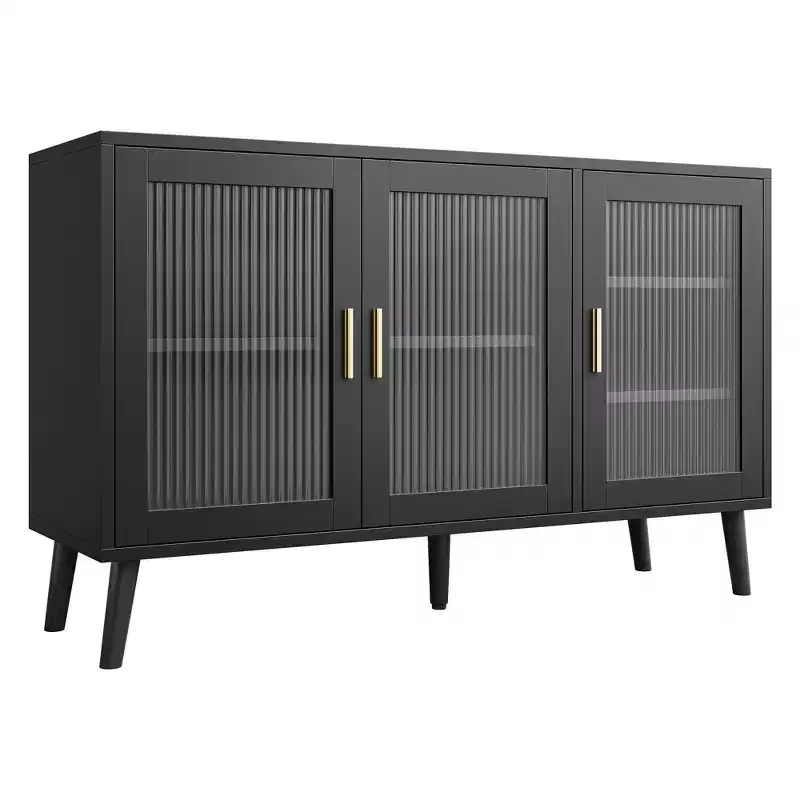 Glass Storage Cabinet, Kitchen Sideboard, Entryway Cabinet, TV Cabinet with Adjustable Shelves and Metal Handles for Living Room and Entryway, Black
