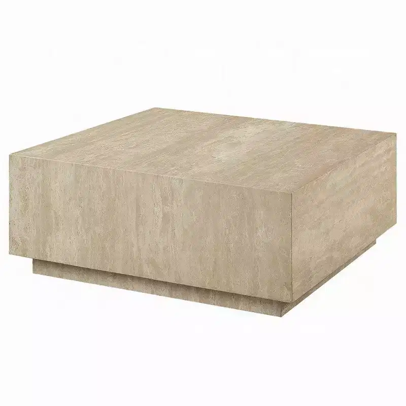 Royal Hampton Coffee Table, 35 Inch Square Travertine Top, Natural Wood Beige