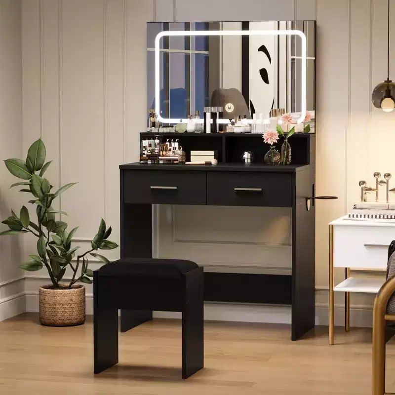 COZONY Vanity Desk with Mirror & Lights, Makeup Vanity with Cushioned Stool & 2 Drawers - Modern Dressing Table