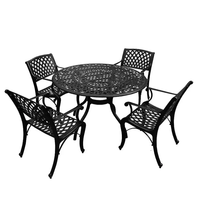 Oakland Living 5pc Patio Dining Set: UV-Resistant Aluminum Furniture, 48" Round Table with Umbrella Hole, 4 Arm Chairs