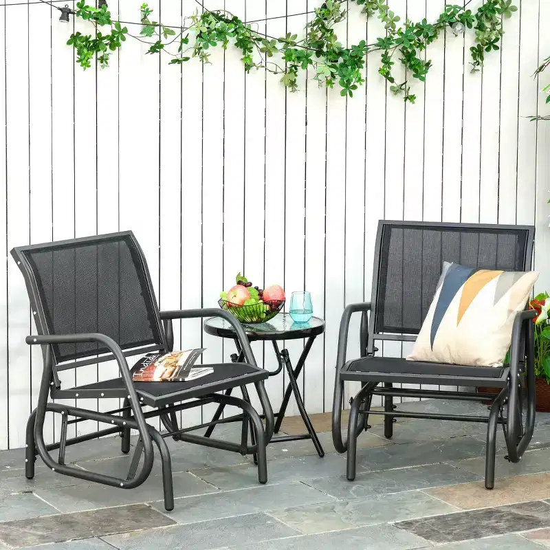 2 Pieces Outdoor Glider Chair Metal Frame with Breathable Mesh Fabric Curved Armrests