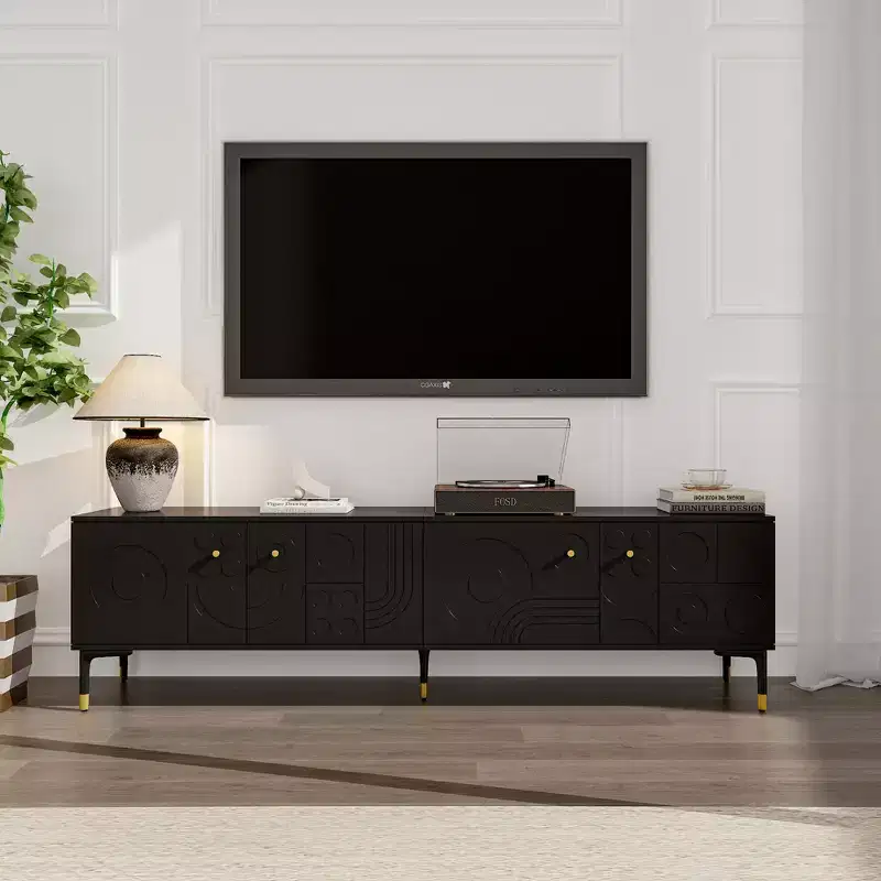 Famapy Black TV Stand with Geometric Pattern Doors - Gold Accents, Modern Media Console