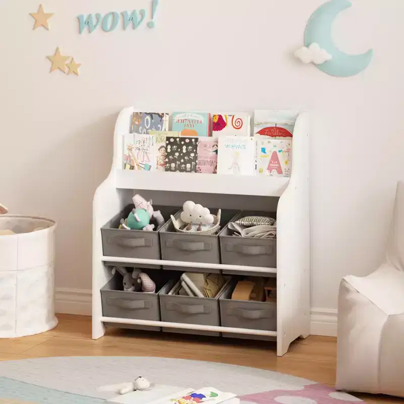 Kids Bookshelf with 6 Fabric Storage Bins, Multi-Functional Children's Bookcase and Toy Organizer, Front-Facing Display Shelf White & Gray