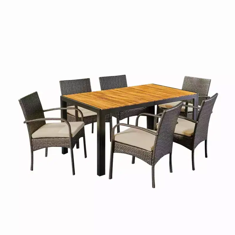 Christopher Knight Home Sere Outdoor Acacia Wood and Wicker 7 Piece Dining Set with Cushion, Brown/Cream