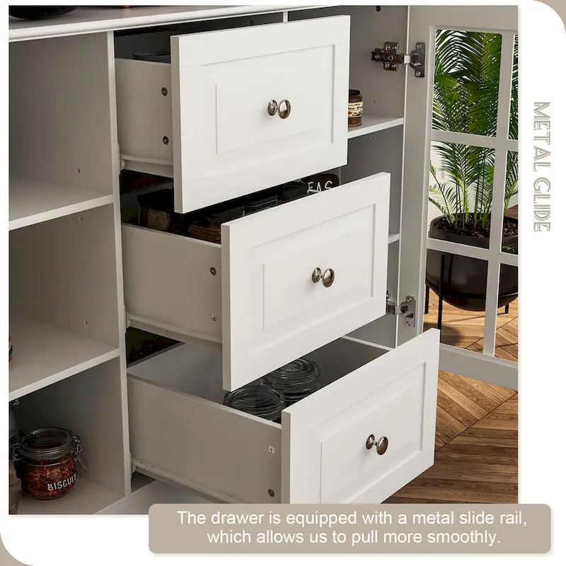 78.9Pantry Buffet White Buffet with Wine Glass Rack Drawer and Hutch